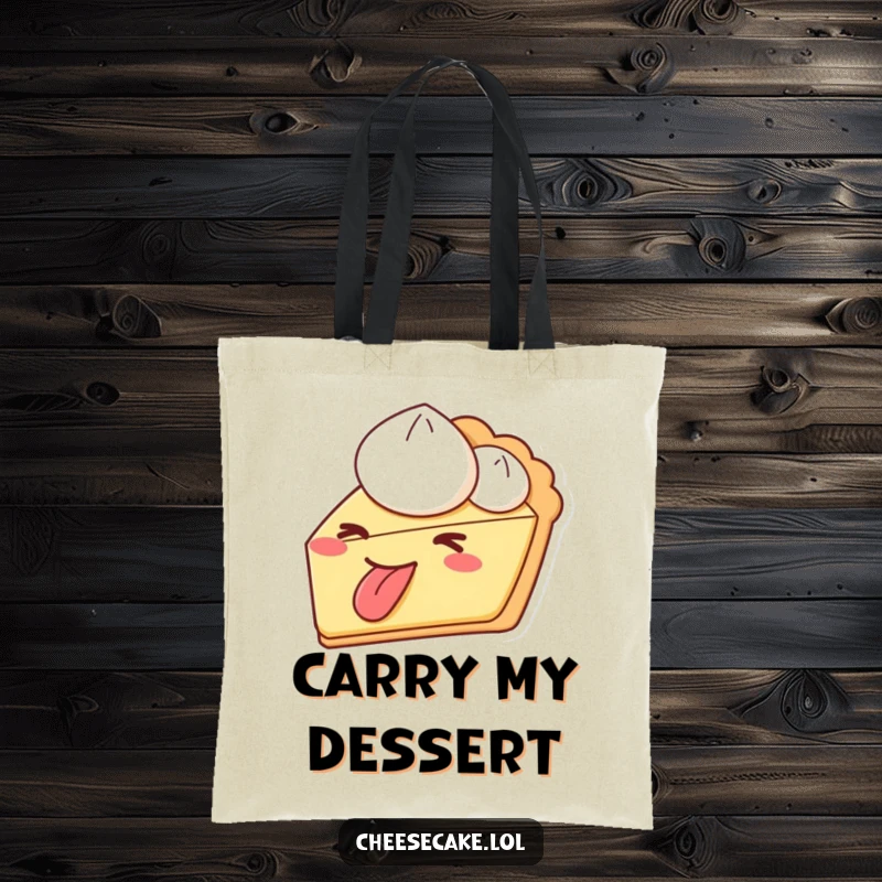 Funny pie wink tongue out tote bag, featuring a cheeky slice of pie, perfect for carrying items with humor.