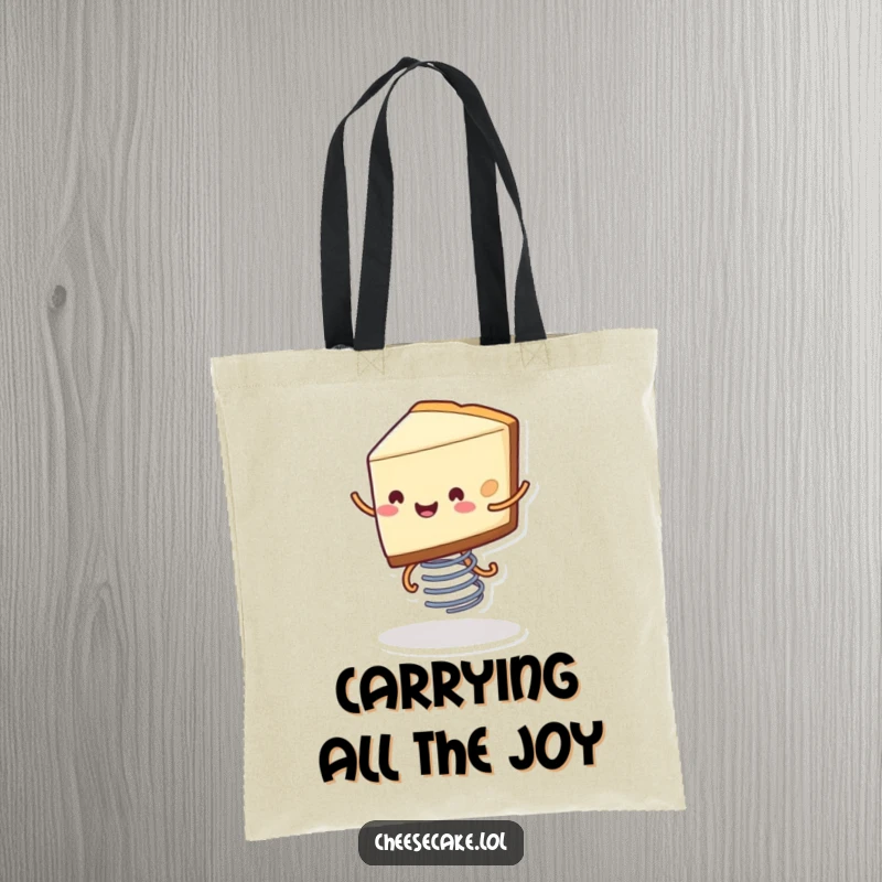 Funny tote bag showcasing a smiling slice of cheesecake with tiny legs bouncing energetically on a spring, perfect for dessert lovers.