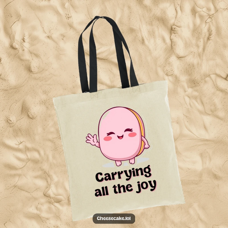 Funny Winking Macaroon Tote Bag: A cute macaroon winking and waving, ideal for carrying groceries with a dose of sweet humor.