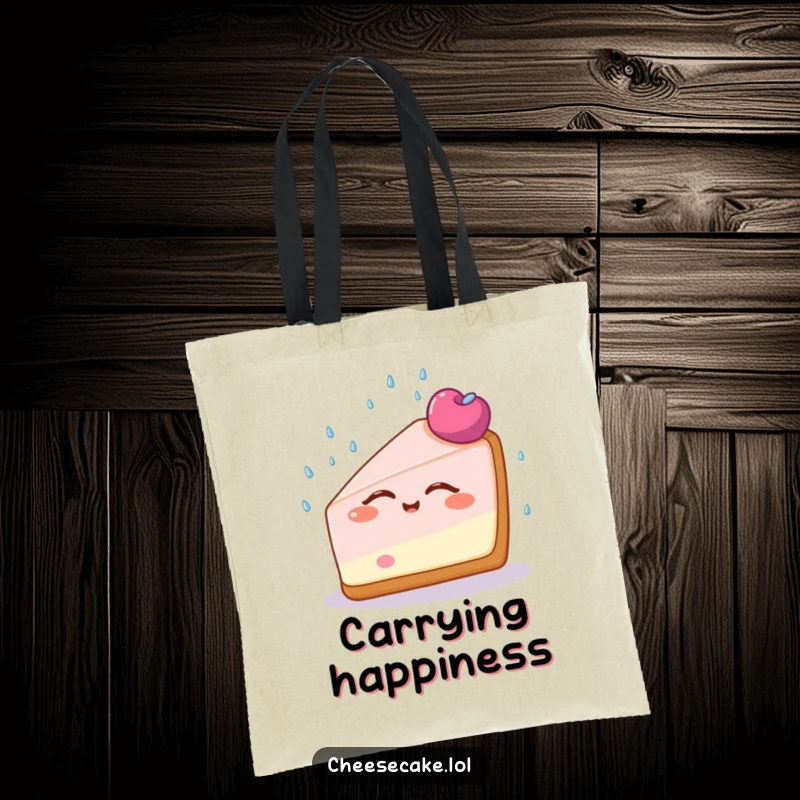Funny Cheesecake Bliss Tote Bag with a cheesecake slice blissfully enjoying sprinkles, ideal for shopping and carrying everyday items with joy.