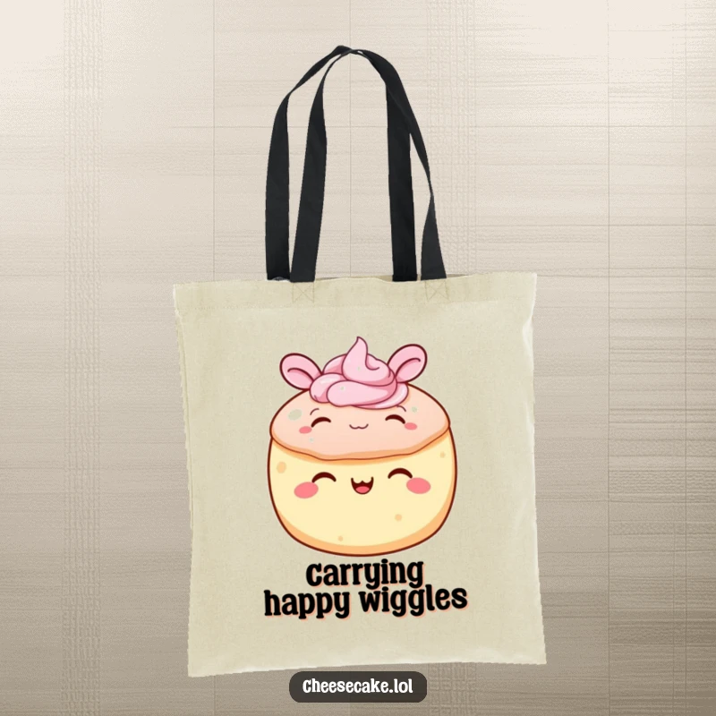 Funny cake tote bag featuring a round cake with frosting wiggling its ears excitedly, perfect for carrying essentials with joyful humor.