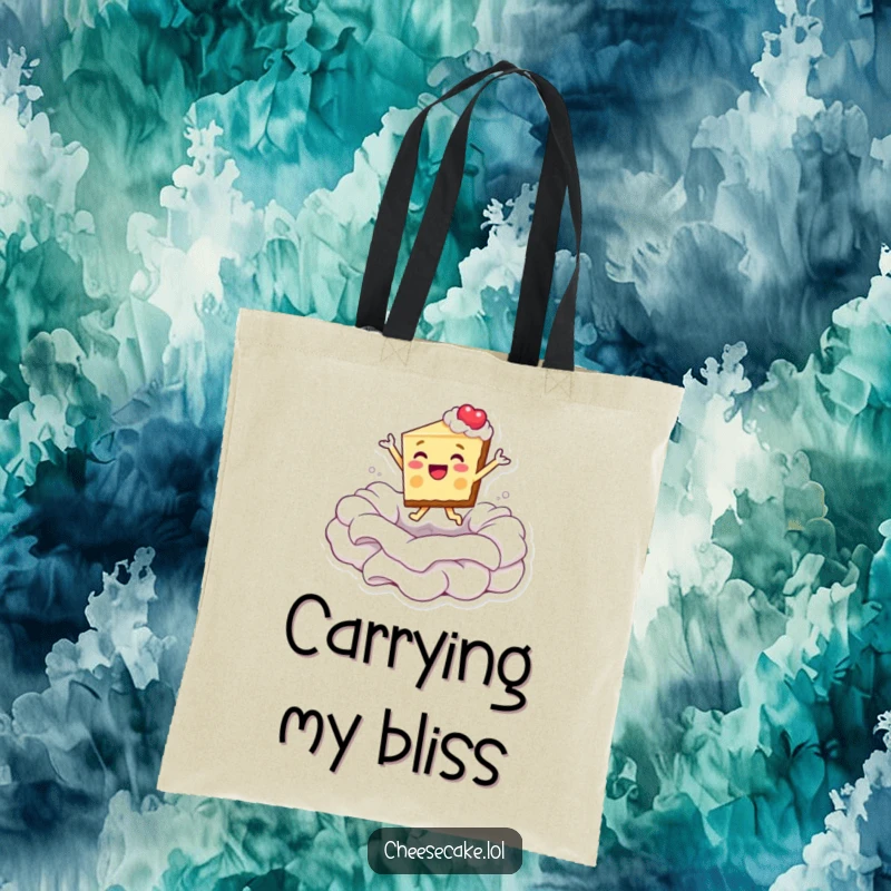 Funny tote bag with a cheesecake slice joyfully submerging into a fluffy sea of whipped cream.