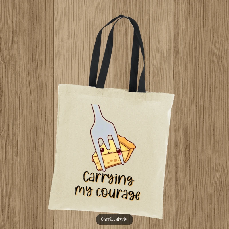 Funny shy pie slice peeking out from behind a large fork, a cute and humorous design on this practical tote bag.