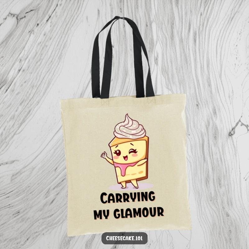 Funny cheesecake with whipped cream swirl striking a diva pose on a tote bag, a great funny gift.