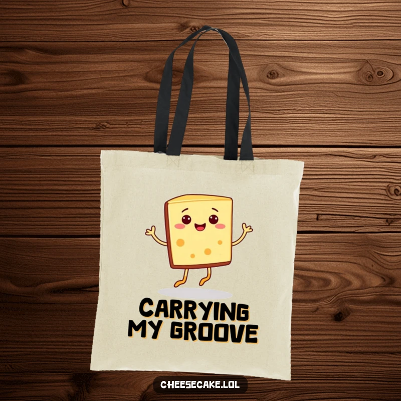 Funny cheesecake slice with tiny legs doing a jig on a tote bag, a great funny gift for sweet tooths.