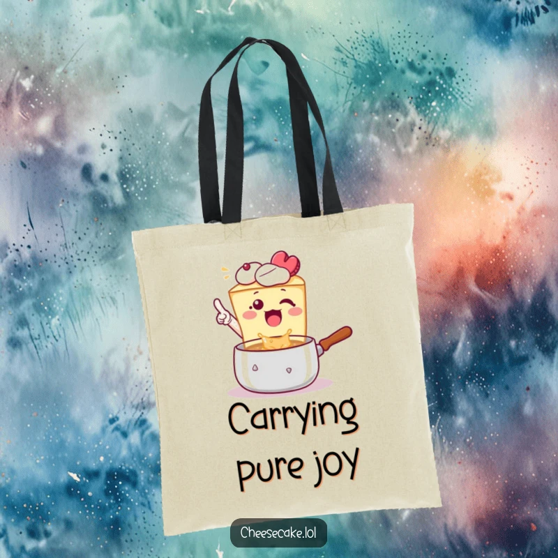 Funny Tote Bag: A cheesecake excitedly points at a bubbling pot, a humorous accessory for culinary adventures.