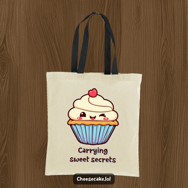 Funny Tote Bag with a smiling cupcake character giving a mischievous wink, ideal for carrying daily essentials with a sweet, playful vibe.