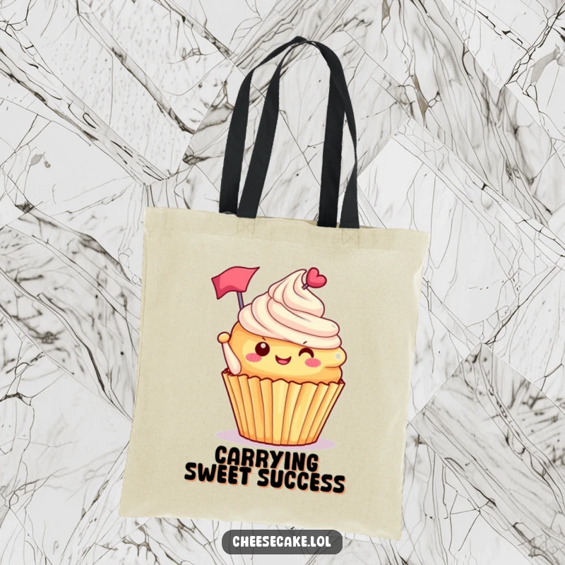 Funny delighted cupcake with frosting tipped, waving a tiny flag, a sweet and humorous design on this practical tote bag.