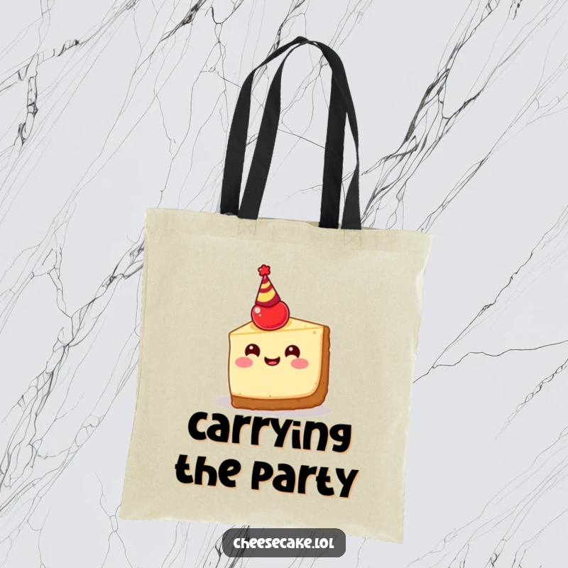 Funny cheesecake slice tote bag art, depicting a happy dessert wearing a cherry party hat, ready to carry party essentials with glee.