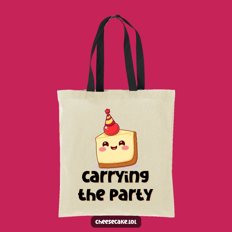 Funny Cheesecake Party Tote Bag: Happy Slice with Cherry Hat, Carry the Fun!