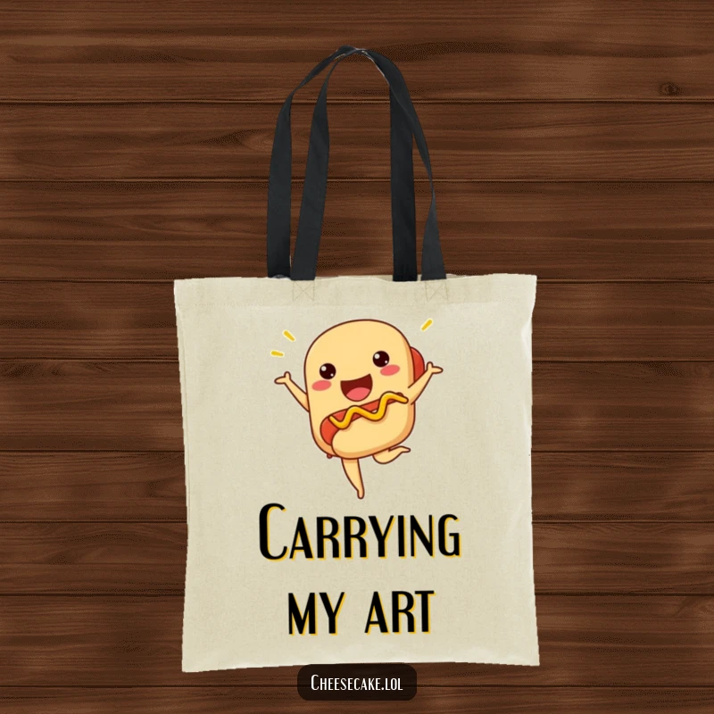 Funny hot dog tote bag featuring a proud hot dog striking a ballet pose with mustard zigzag.