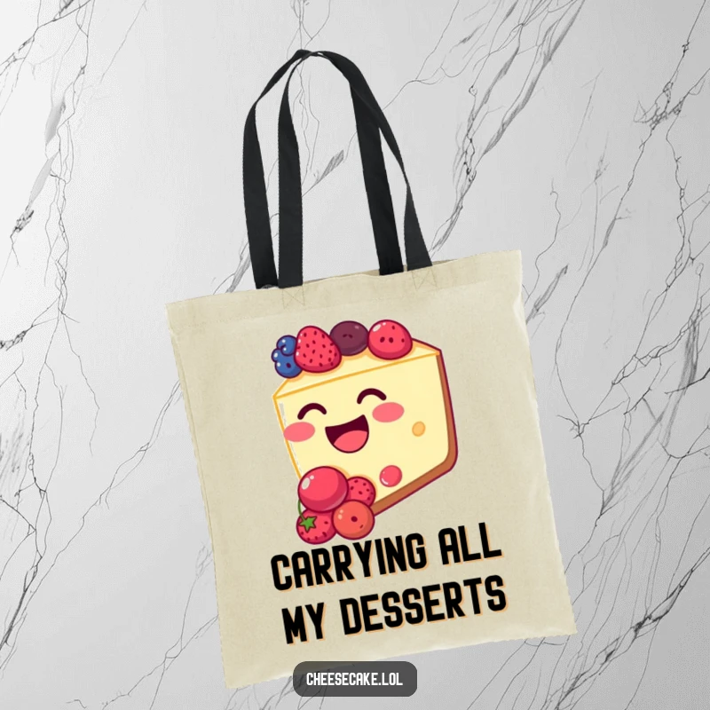 Funny cheesecake tote bag with a happy, berry-stuffed cheesecake slice giggling. Ideal for shopping and humor lovers.
