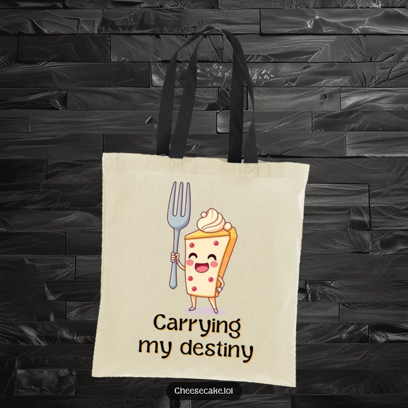 Funny Tote Bag: A cheesecake heroically holds up a giant fork, a humorous and functional accessory.