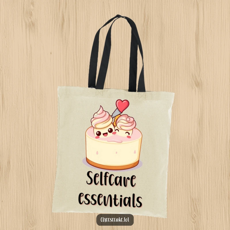 Funny tote bag showing a cheesecake frosting another cheesecake, ideal for bakers and dessert enthusiasts who love humor.