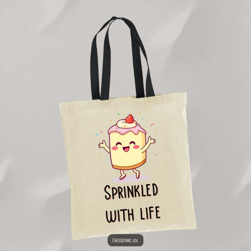 Funny Cheesecake Jig Tote Bag with a dancing cheesecake character and flying sprinkles, ideal for shopping and adding a splash of fun.