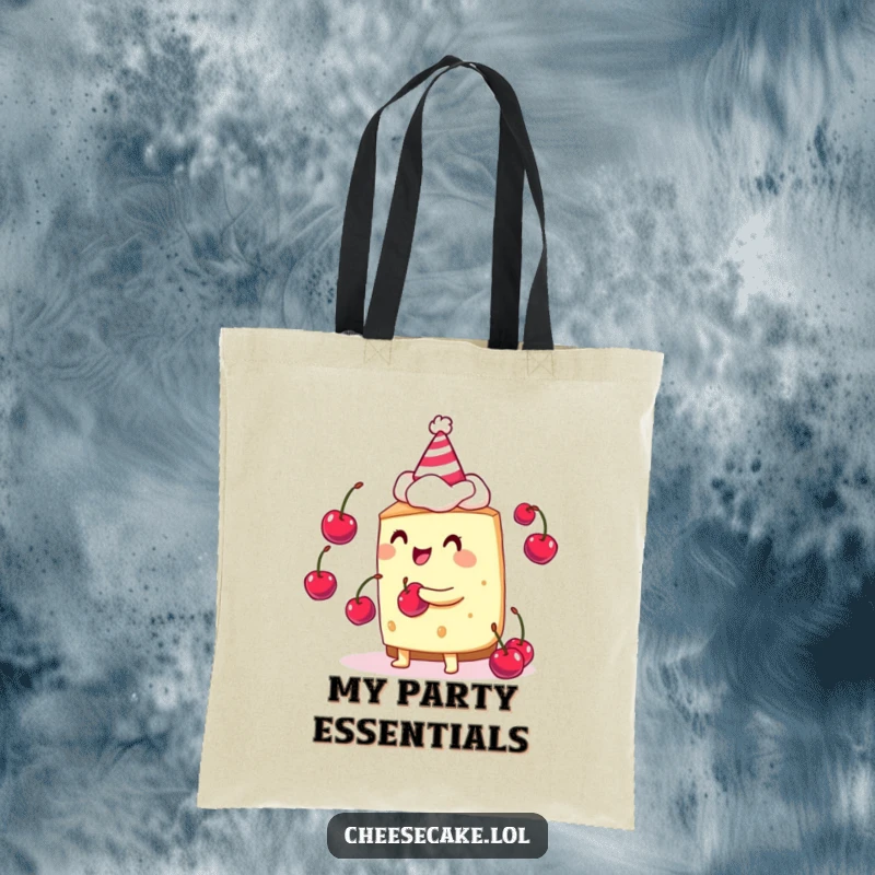 Funny cheesecake juggler tote bag featuring a cheesecake character in a party hat, juggling cherries.