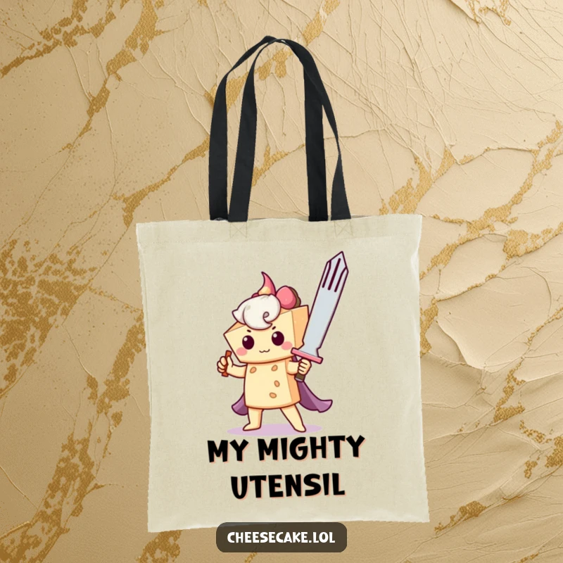 Funny tote bag showcasing a cheesecake as a brave knight with a fork sword, perfect for carrying essentials on heroic journeys.