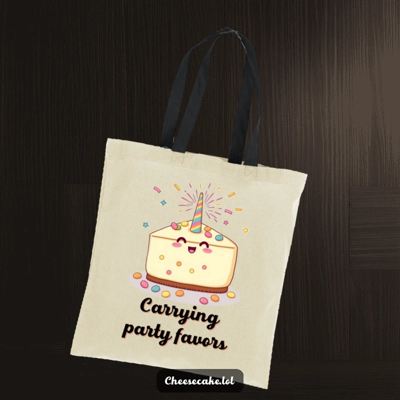 Funny Cheesecake Party Tote Bag with a cheesecake slice celebrating with a party popper and candy shower, ideal for shopping and carrying party supplies.