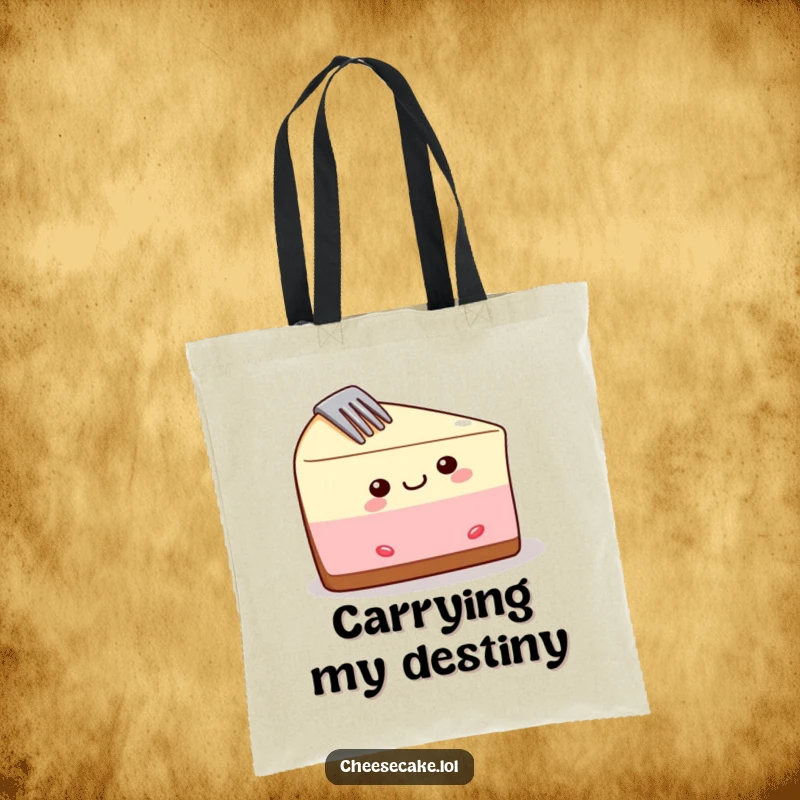 Funny cheesecake tote bag featuring a delighted slice with a fork, ready to carry essentials with a humorous flair.