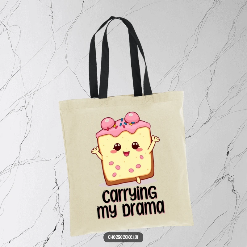 Funny cheesecake slice tote bag art, charming and sprinkled, striking a dramatic pose, a stylish and humorous accessory.