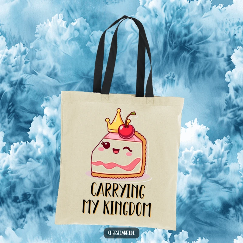 Funny cheesecake slice tote bag art, cute and crowned, winking with a cherry, a charming and regal accessory.