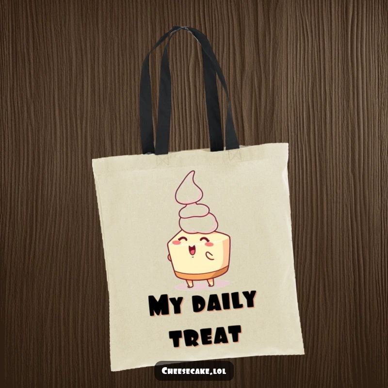 Funny cheesecake tote bag illustrating an ecstatic cheesecake character receiving whipped cream, perfect for carrying your essentials with glee.