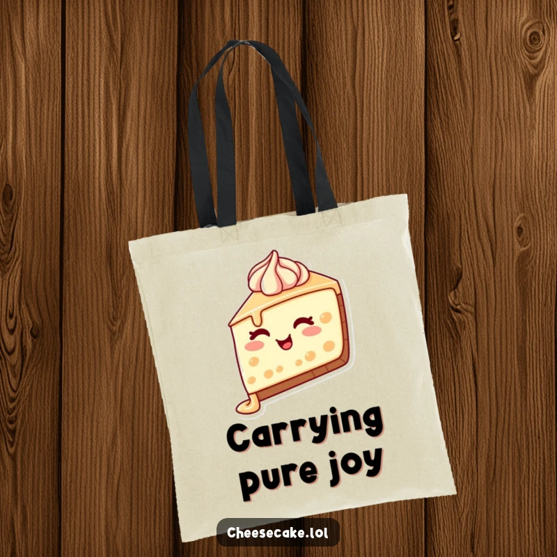 Funny Cheesecake Wink Tote Bag featuring a cheesecake slice with frosting dripping and a charming wink, ideal for shopping and everyday use.