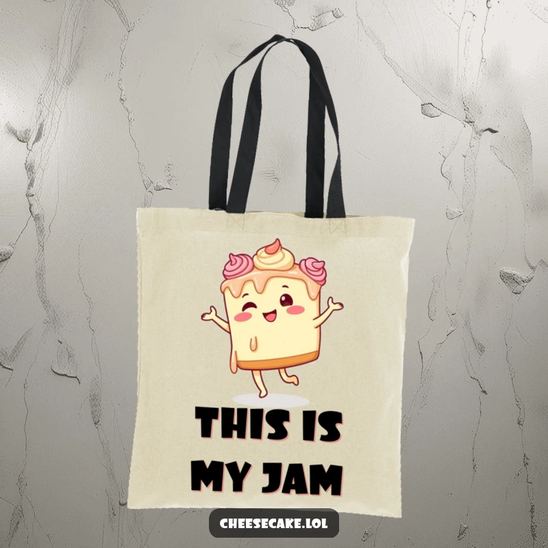 Funny cheesecake dancing tote bag with a cheesecake character, frosting dripping, doing a silly, energetic dance.