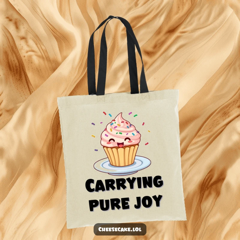 Funny Excited Cupcake Tote Bag: A tote bag adorned with a cupcake and sprinkles spinning excitedly on a plate.