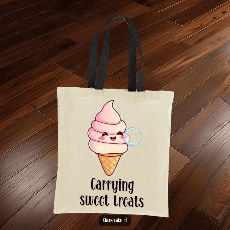 Funny tote bag with a smiling ice cream swirl in a cone blowing a bubble, perfect for carrying essentials with a cool theme.