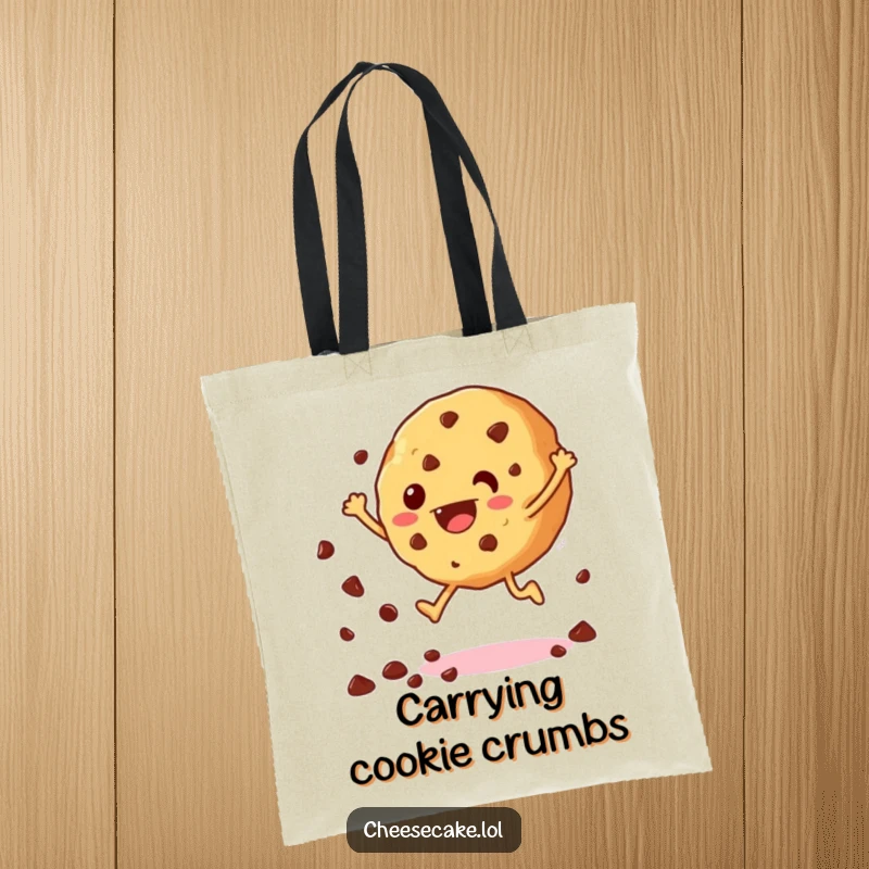 Funny tote bag with a cheerful cookie jumping and scattering chocolate chips, perfect for carrying essentials with a sweet theme.