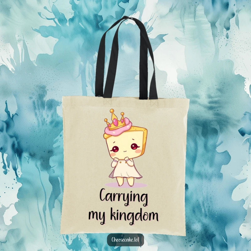 Funny tote bag with a cheesecake character wearing a tiny crown, gracefully posing with royal charm.