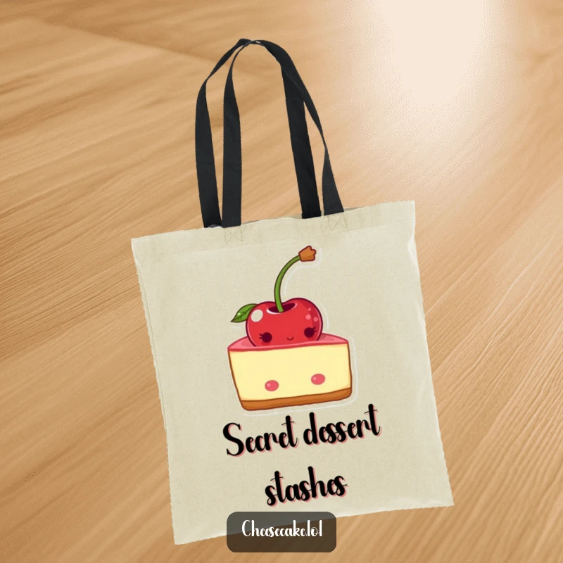 Funny shy cheesecake tote bag with a blushing wedge hiding behind a red cherry. Cute accessory.