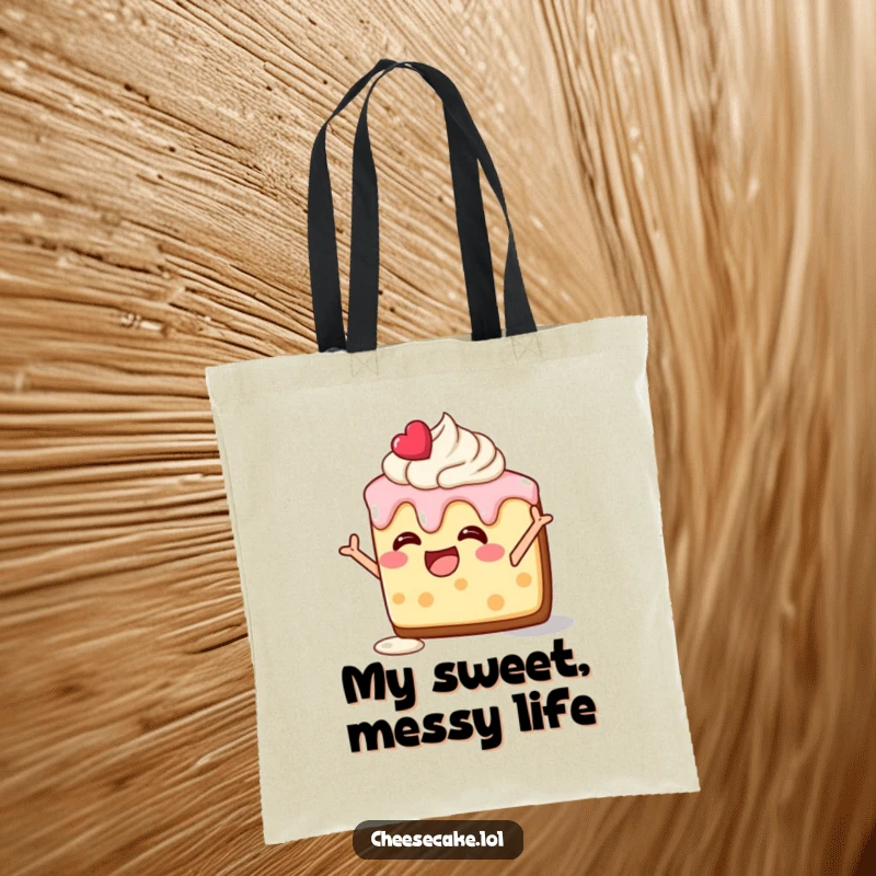 Funny tote bag with a delighted cheesecake slice, frosting melting, striking a silly pose, perfect for carrying items.