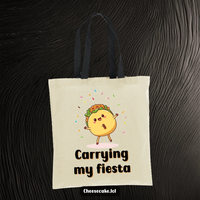 Funny Tote Bag with a cartwheeling taco and confetti, perfect for carrying essentials with a festive and playful taco theme.