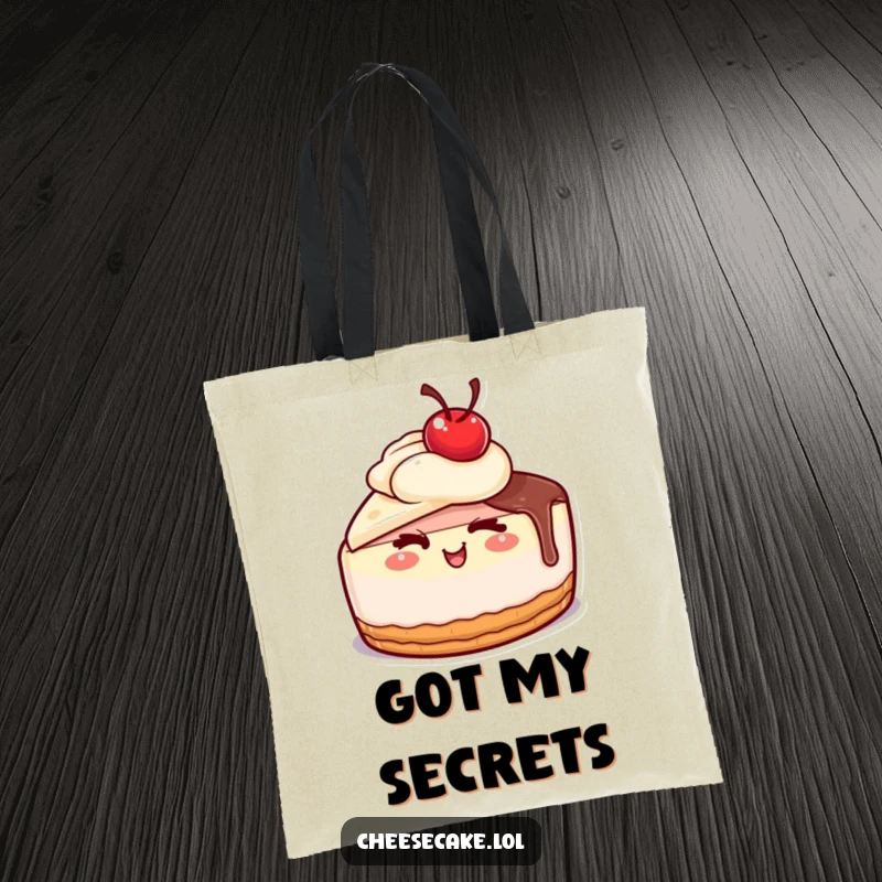 Funny cheesecake with a cherry on top giving a wink on a tote bag, a great funny gift.