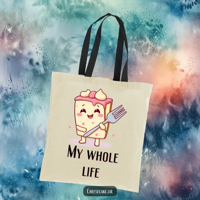 Funny cheesecake slice tote bag art, showing a wobbly dessert giggling hysterically while grasping a massive fork, a humorous and practical item.
