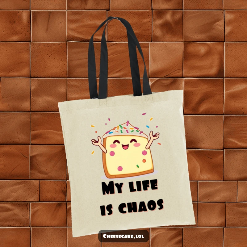 Funny tote bag showcasing a cheerful cheesecake wedge with tiny arms juggling a colorful assortment of sprinkles, perfect for dessert fans.