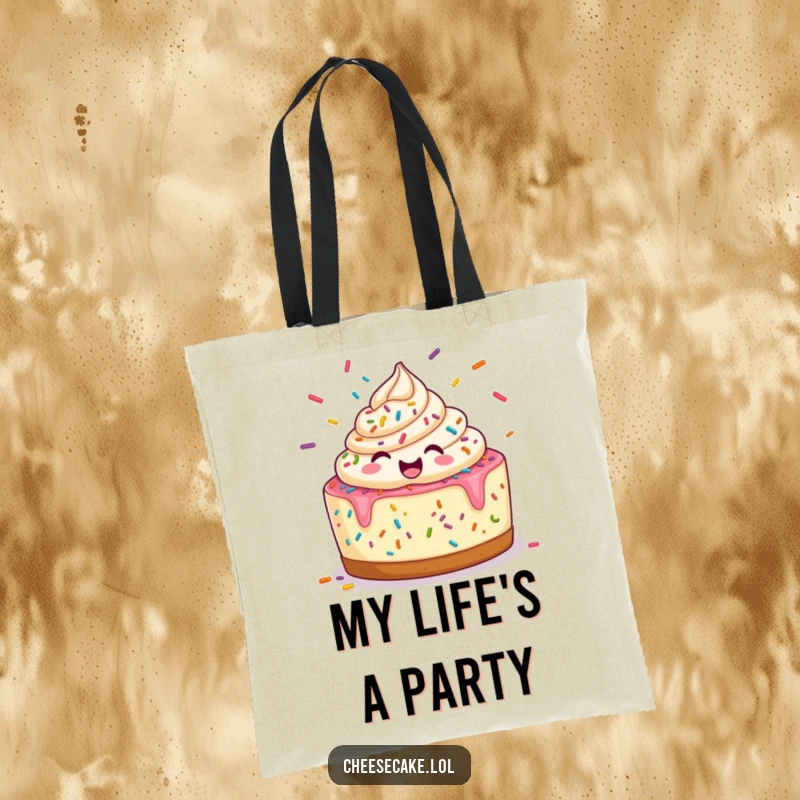 Funny Tote Bag: A happy cheesecake actively juggles a vibrant mix of sprinkles, a cheerful carry-all.